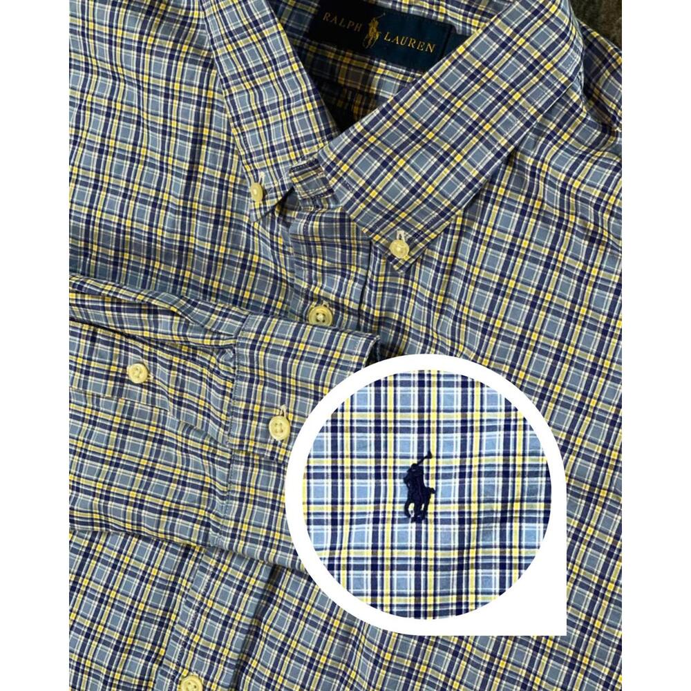 Ralph Lauren Men's Blue and Yellow Plaid Button-Up Shirt Size XL with Pony Logo